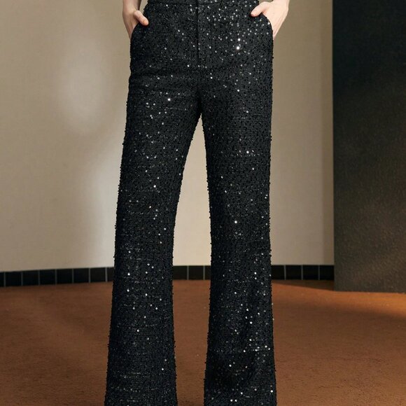 Black Party Women's Sequin Tailored Flare Leg Suit Pants - Picture 3 of 8